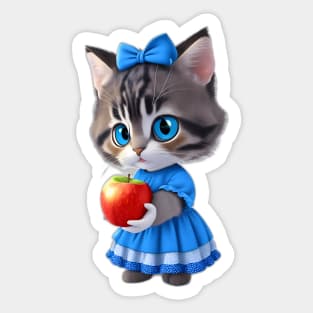 Kitten in dress holding an apple Sticker